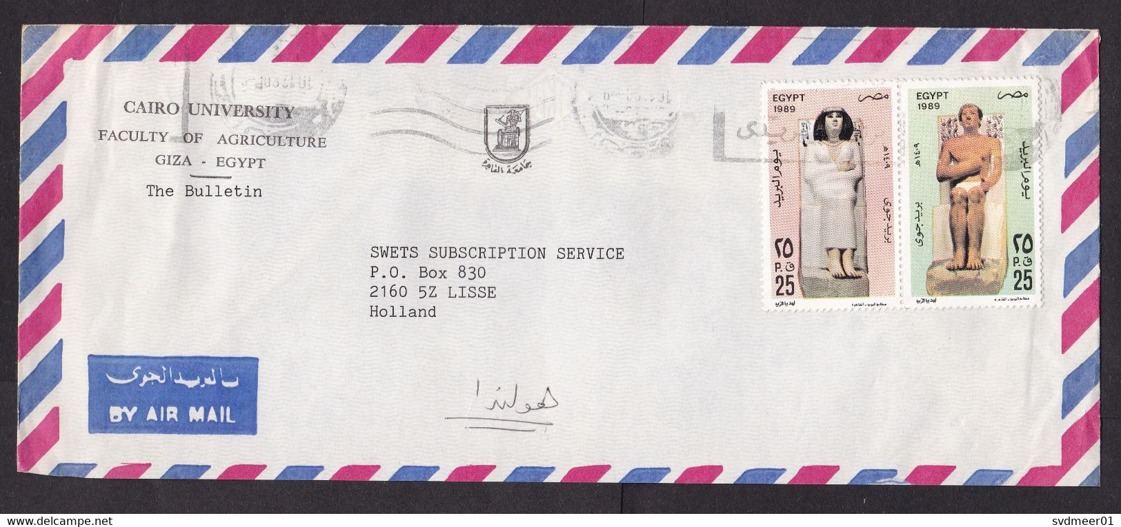 Egypt: Airmail Cover To Netherlands, 1990, 2 Stamps, Statue, Ancient History, Heritage (traces Of Use) - Briefe U. Dokumente