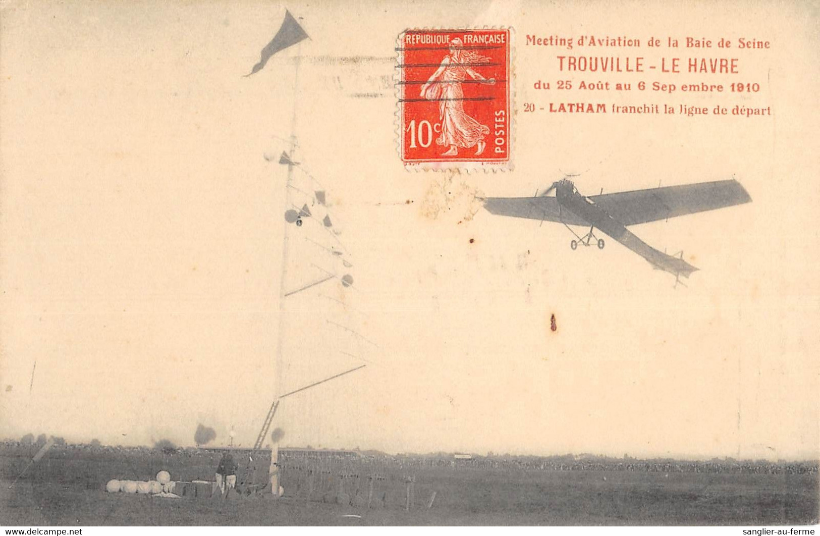 CPA 14 MEETING AVIATION BAIE DE SEINE TROUVILLE LE HAVRE 1910 LATHAM FRANCHIT LA LIGNE DE DEPART - Trouville