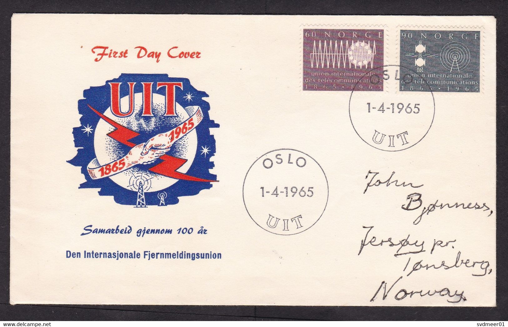 Norway: Circulated FDC First Day Cover, 1965, 2 Stamps, ITU Telecommunication, Radio Wave Science (traces Of Use) - Storia Postale