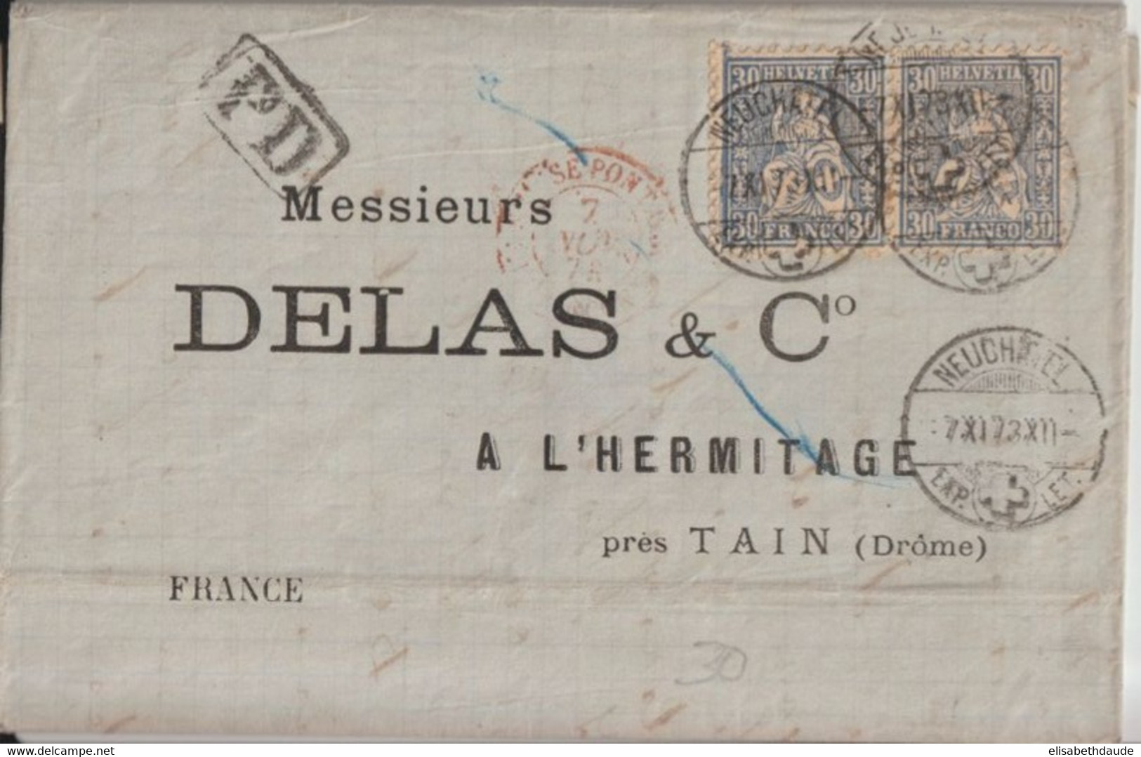 1873 - PAIRE 30c ! Sur LETTRE De NEUCHATEL => TAIN (DROME) - Cartas & Documentos
