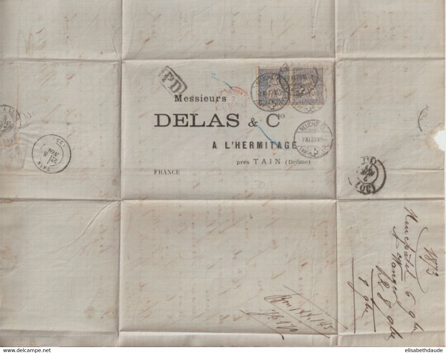 1873 - PAIRE 30c ! Sur LETTRE De NEUCHATEL => TAIN (DROME) - Lettres & Documents