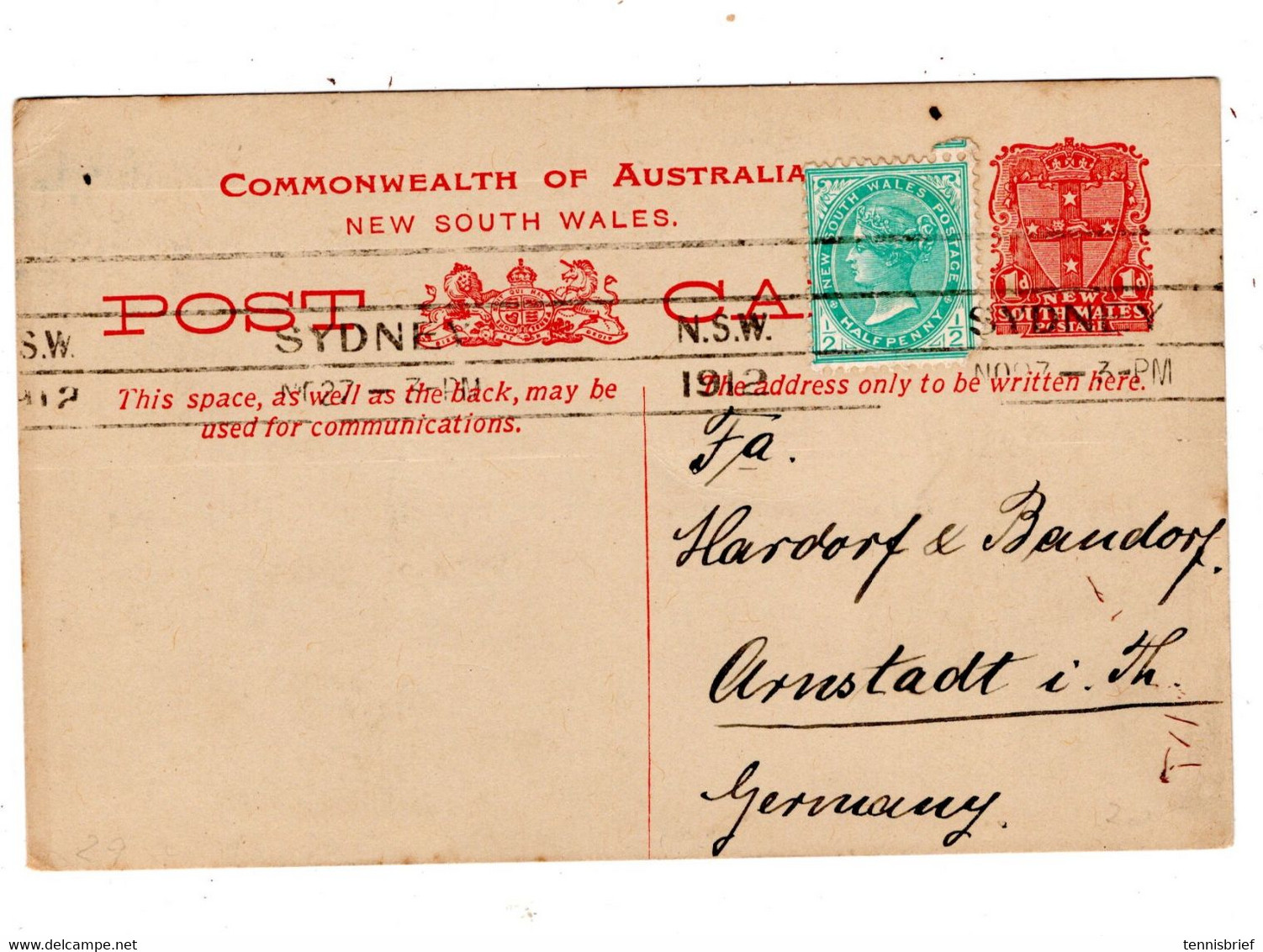 1912 ,1 P.postal Card Stationary, Add. Half P.,backside Printed !very Clear Machine -canc." SYNEY  " - Lettres & Documents