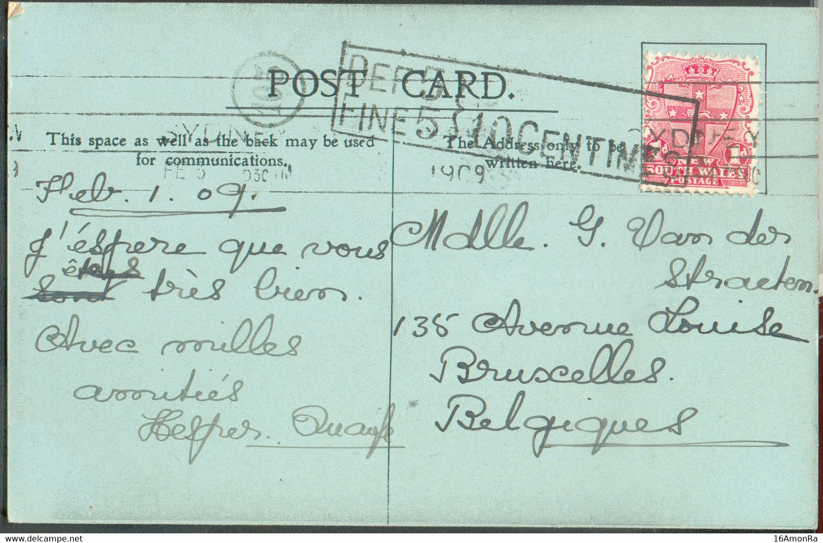 1p. Red, Cacnelled SYDNEY On PPC 1-02-1909 To Brussels (Belgium) + Hs. DEF.5/FINE 5/10 CENTIMES  - 20687 - Lettres & Documents