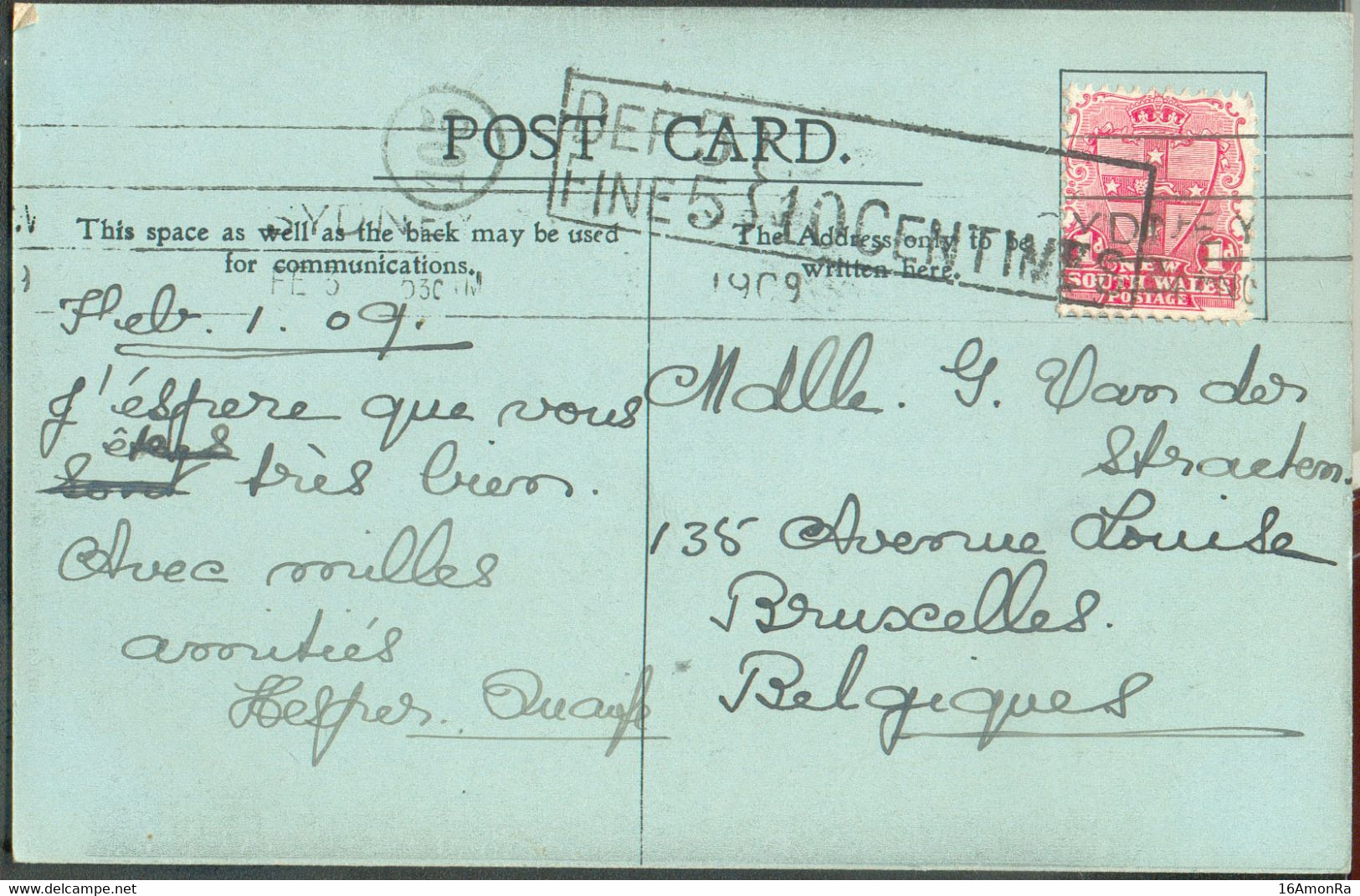 1p. Red, Cacnelled SYDNEY On PPC 1-02-1909 To Brussels (Belgium) + Hs. DEF.5/FINE 5/10 CENTIMES  - 20687 - Briefe U. Dokumente