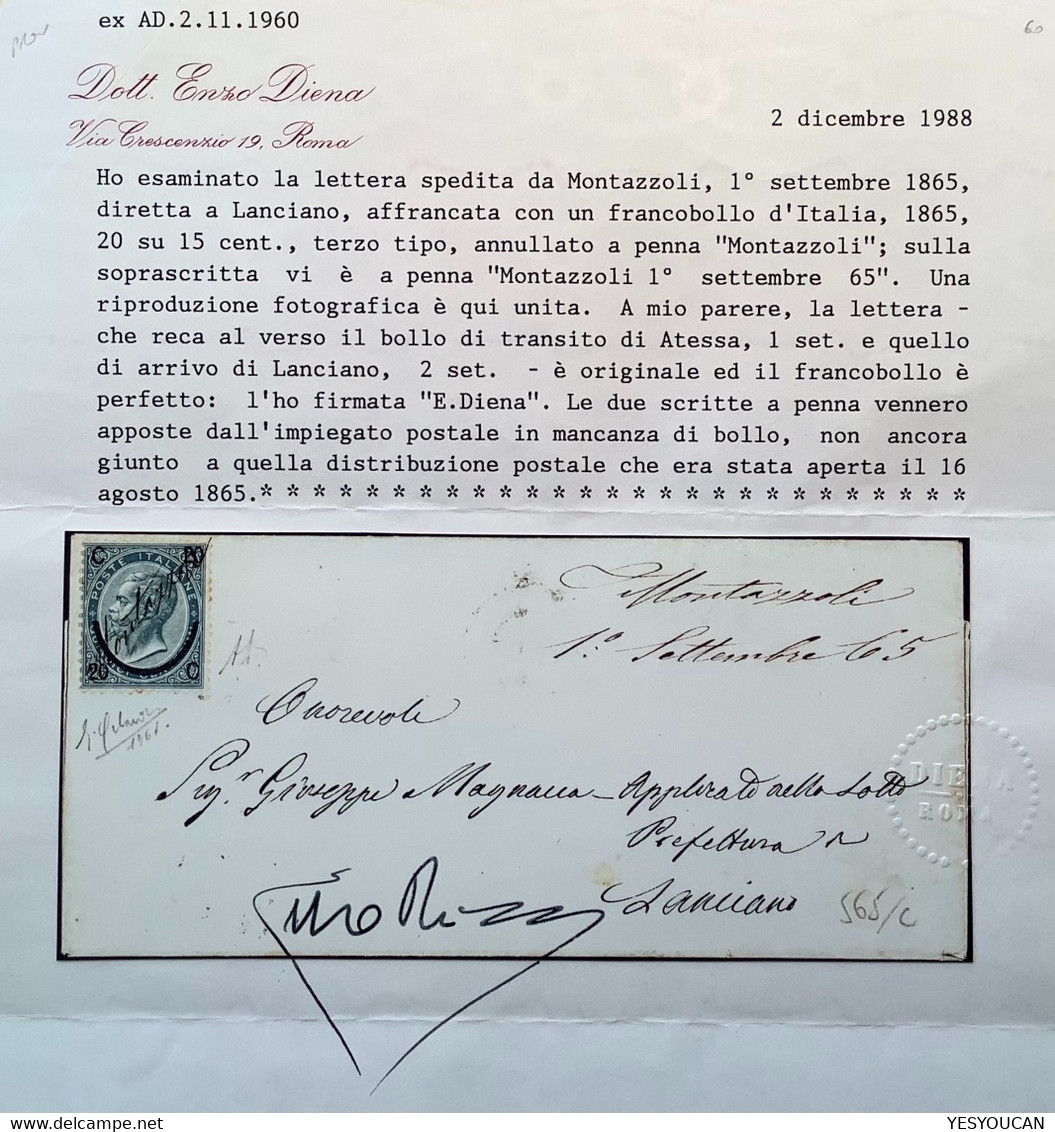 MONTAZZOLI (Abruzzo, Chieti) R1=16500€ Distribuzione Annulato A Penna 1865 Lettera Cert E.Diena (Regno D’ Italia/Napoli - Marcofilie
