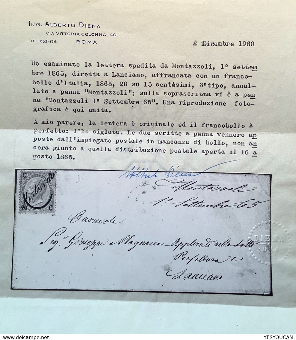 MONTAZZOLI (Abruzzo, Chieti) R1=16500€ Distribuzione Annulato A Penna 1865 Lettera Cert E.Diena (Regno D’ Italia/Napoli - Marcofilie