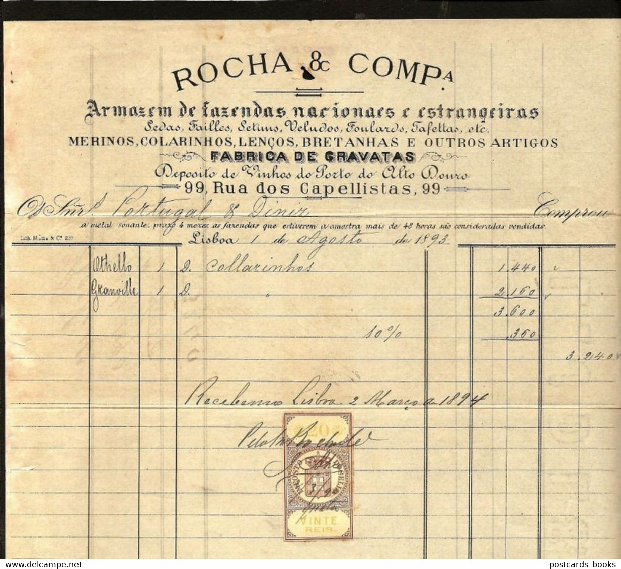 1893 Documento Comercial FABRICA De GRAVATAS E Vinho Porto, LOJA Rua Dos Capelistas LISBOA. Selo Fiscal 20 Reis PORTUGAL - Covers & Documents