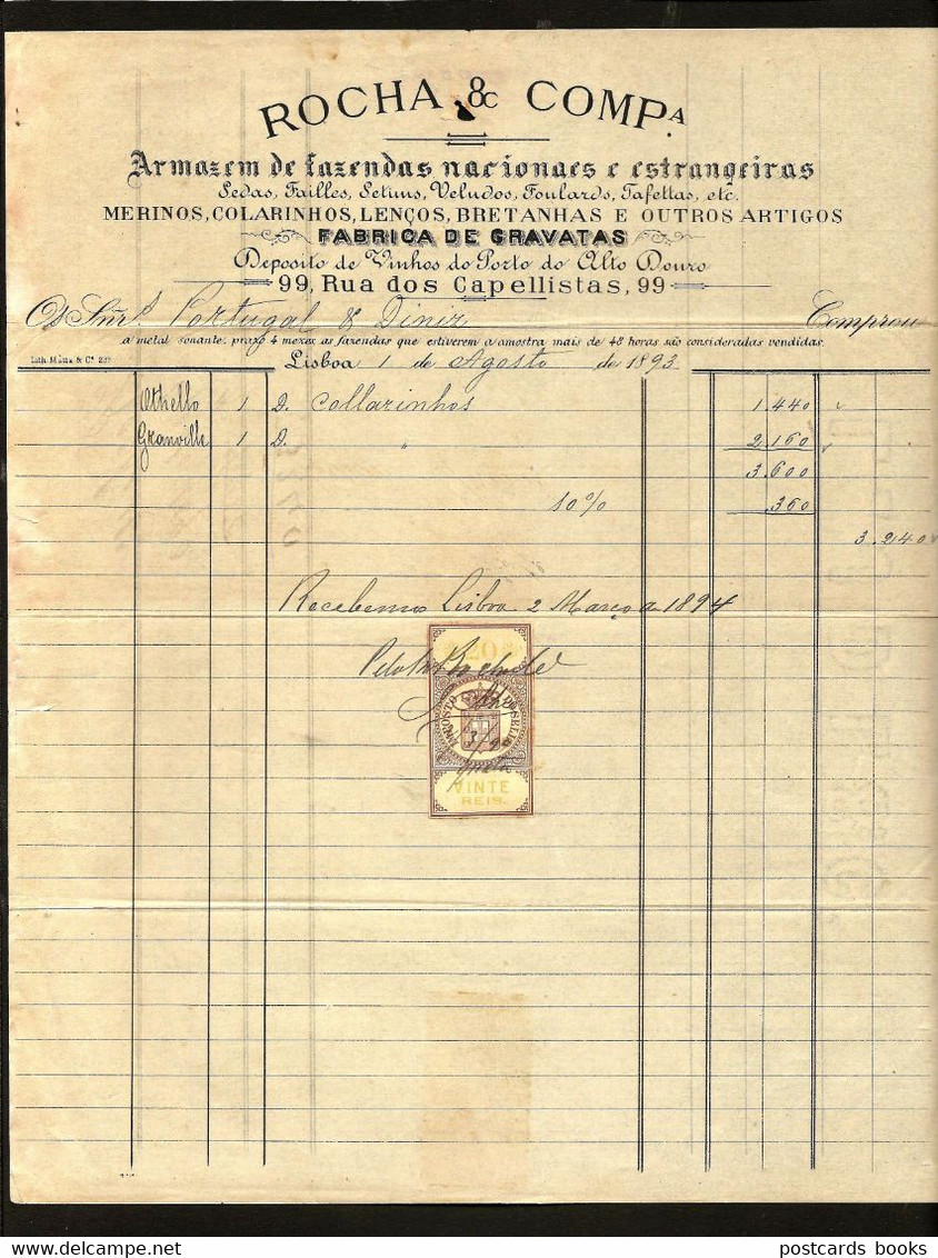 1893 Documento Comercial FABRICA De GRAVATAS E Vinho Porto, LOJA Rua Dos Capelistas LISBOA. Selo Fiscal 20 Reis PORTUGAL - Cartas & Documentos