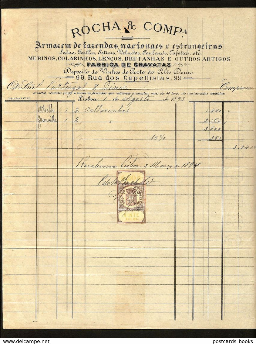 1893 Documento Comercial FABRICA De GRAVATAS E Vinho Porto, LOJA Rua Dos Capelistas LISBOA. Selo Fiscal 20 Reis PORTUGAL - Lettres & Documents