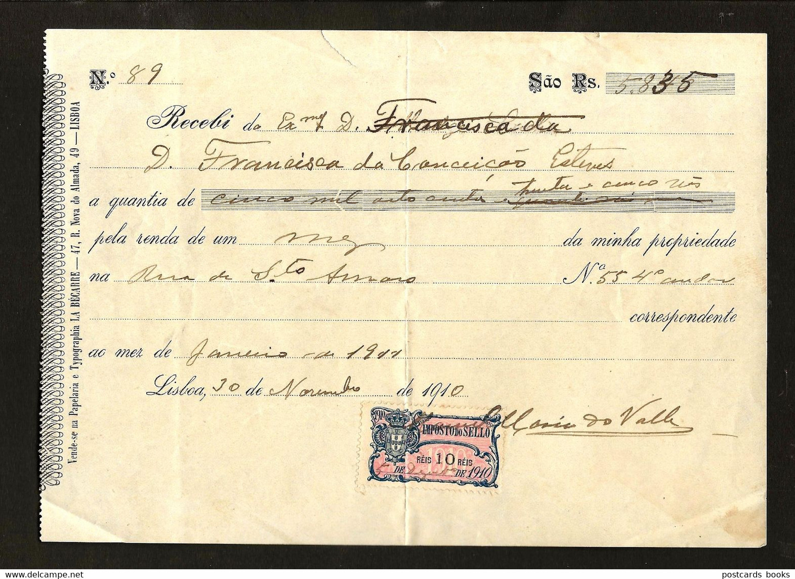 1910 Documento Recibo De Renda Na Rua De Santo Amaro (à Estrela), 55 LISBOA. Selo Fiscal 10 Reis PORTUGAL - Cartas & Documentos