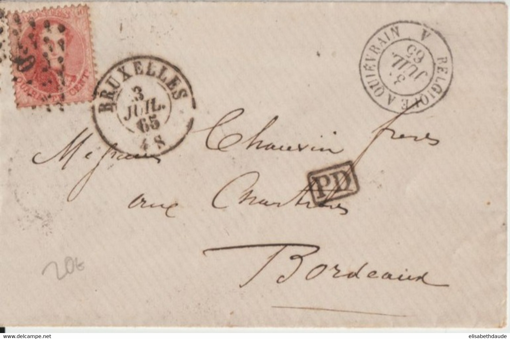 BELGIQUE - 1865 - ENVELOPPE De BRUXELLES Avec ENTREE AMBULANT BELGIQUE à QUIEVRAIN => BORDEAUX - 1858-1862 Medallones (9/12)