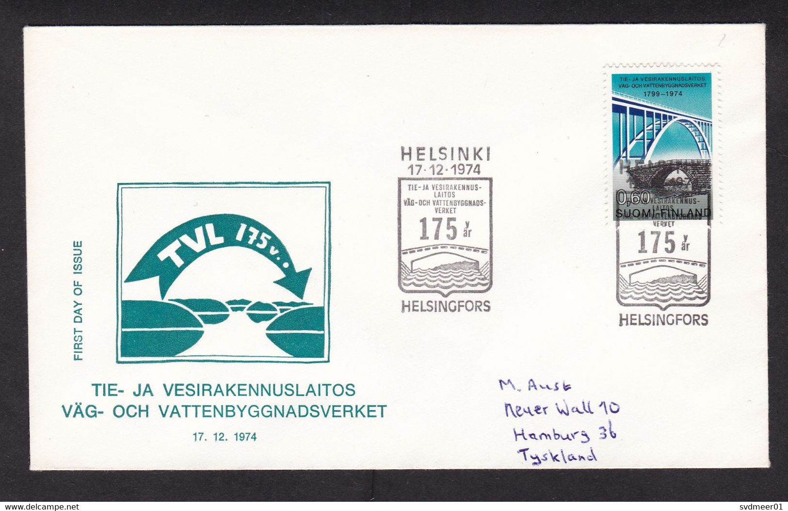 Finland: FDC First Day Cover To Germany, 1974, 1 Stamp, Bridge, Infrastructure (very Minor Crease) - Brieven En Documenten
