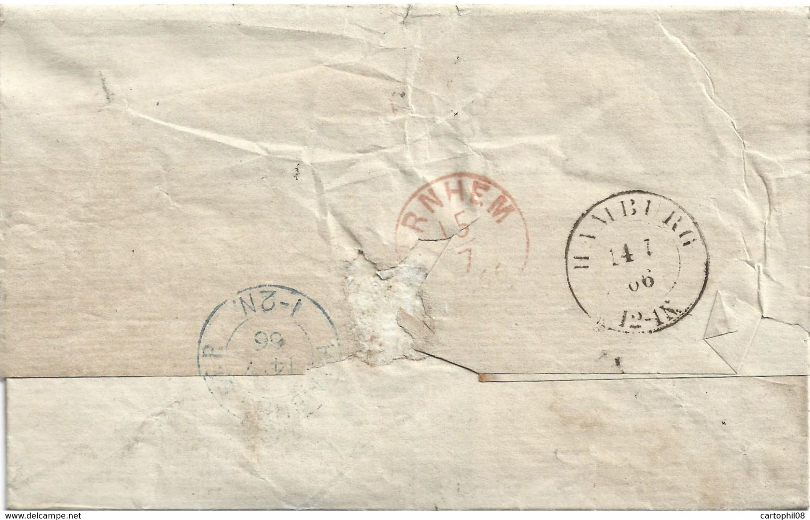 DENMARK DANMARK - 1866 STAMPLESS LETTER FROM KOLDING VIA GERMANY HAMBURG TO NETHERLANDS ARNHEIM - Covers & Documents