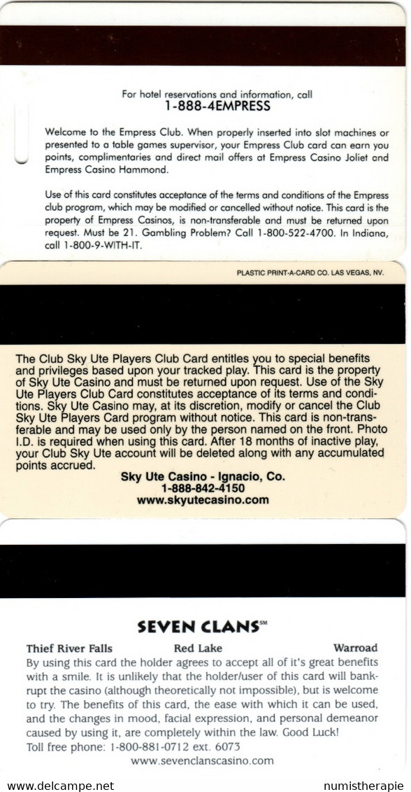 Lot De 3 Cartes Casino : Empress (IL), Sky Ute (CO), Seven Clans (LA) - Casino Cards