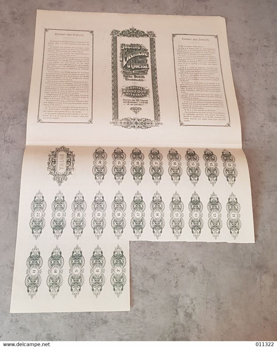 ACTION DE CAPITAL DE 100 FRANCS SOCIETE D'ELECTRICITE D'ODESSA 24 COUPON DE DIVIDENDE DE L'EXERCICE PAYABLE A BRUXELLES - Elektrizität & Gas