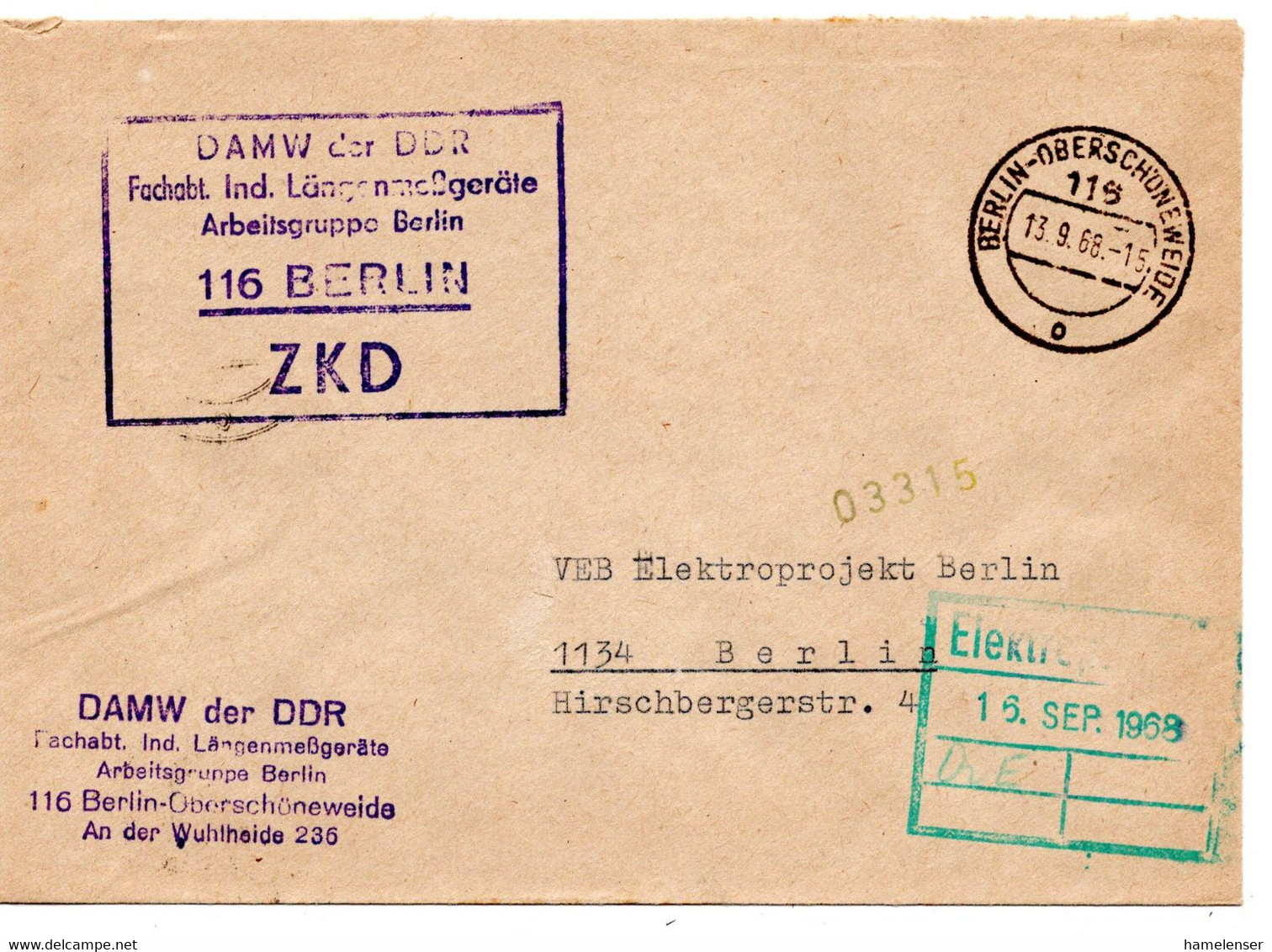 63778 - DDR / ZKD - 1968 - Unfrankierter ZKD-OrtsBf BERLIN - Andere & Zonder Classificatie