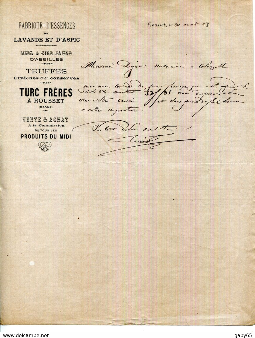 FACTURE.26.DROME.ROUSSET LES VIGNES.FABRIQUE D'ESSENCE DE LAVANDE & D'ASPIC.MIEL.TRUFFES.TURC FRERES. - Chemist's (drugstore) & Perfumery