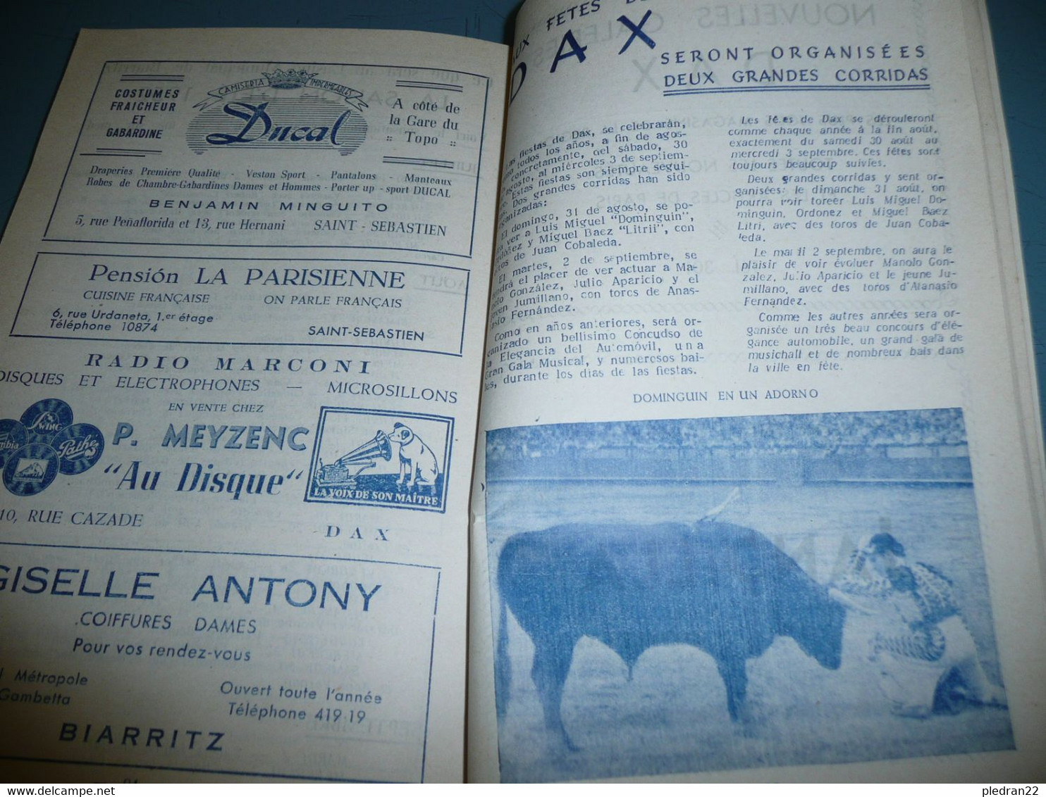 TAUROMACHIE CORRIDA PROGRAMA DE FESTEJOS VERANO ETE 1952 SAINT SEBASTIEN PAMPELUNE BAYONNE DAX BIARRITZ ST JEAN DE LUZ - Sport