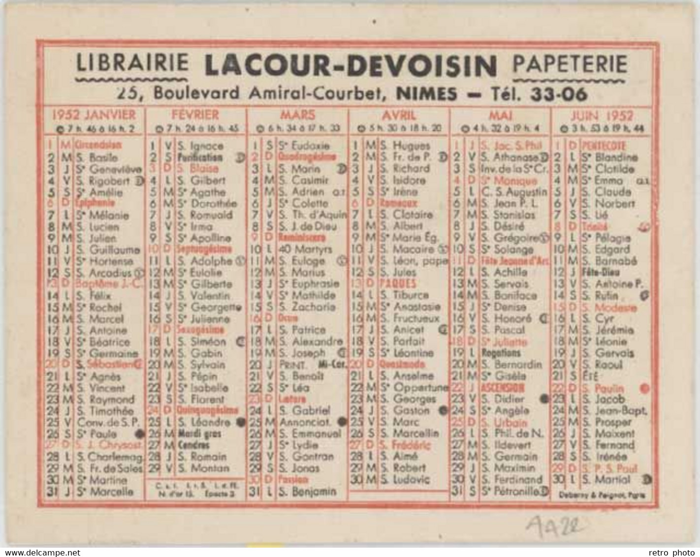 Calendrier 1952 Librairie Lacour-Devoisin, Nîmes - Petit Format : 1941-60