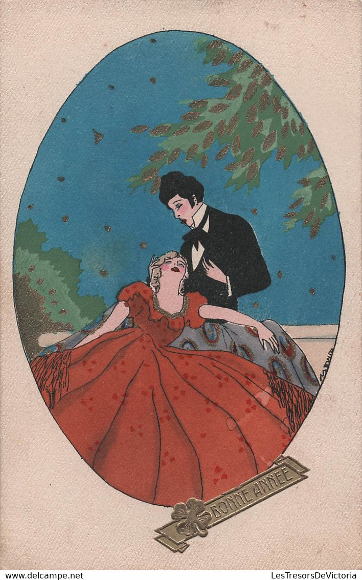 Illustrateur - Couple  - Femme Robe Orange Avec Homme En Costume Noir  - Bonne Année - Carte Postale Ancienne - Non Classés