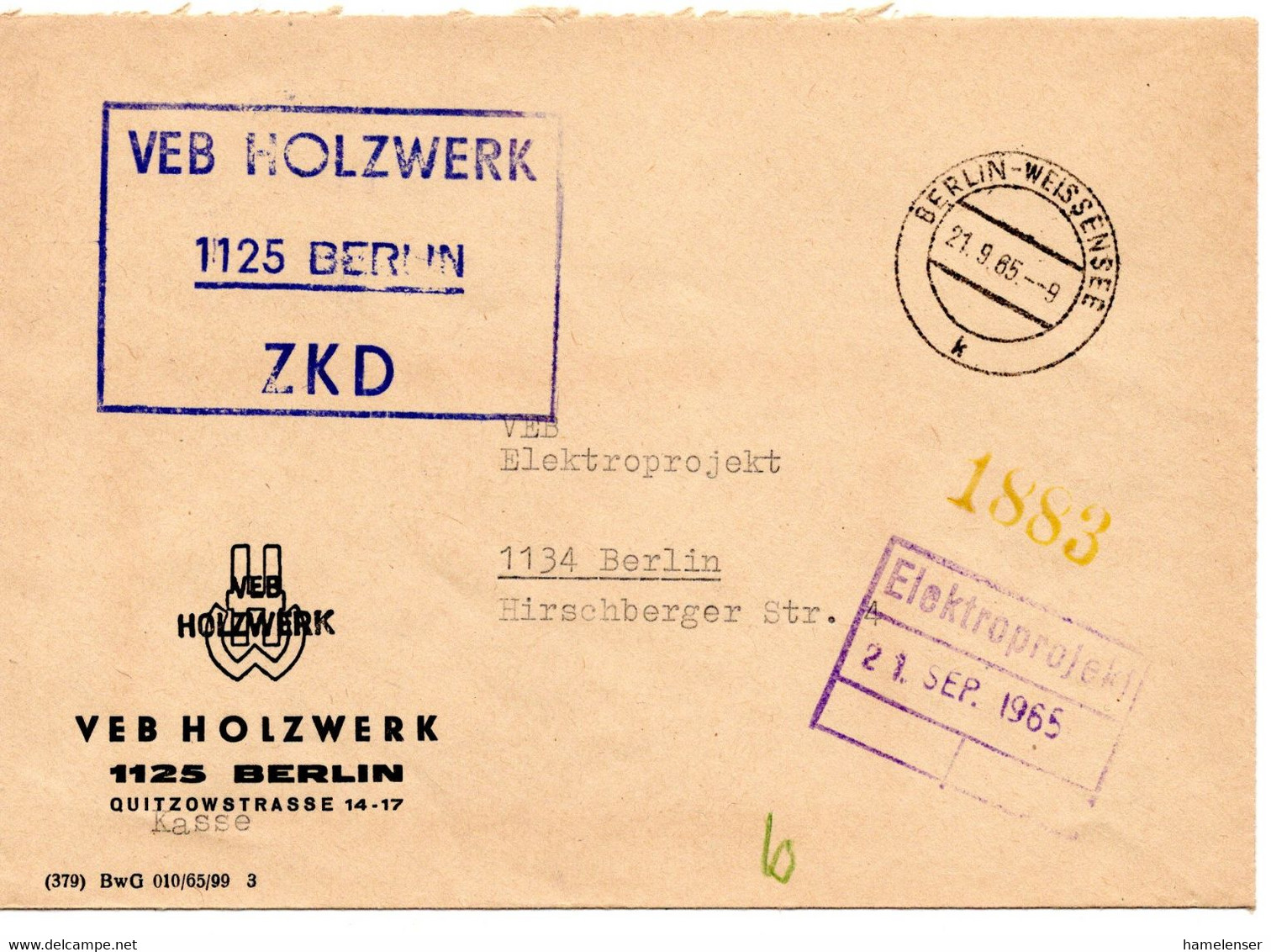 63781 - DDR / ZKD - 1965 - Unfrankierter ZKD-OrtsBf BERLIN - Autres & Non Classés
