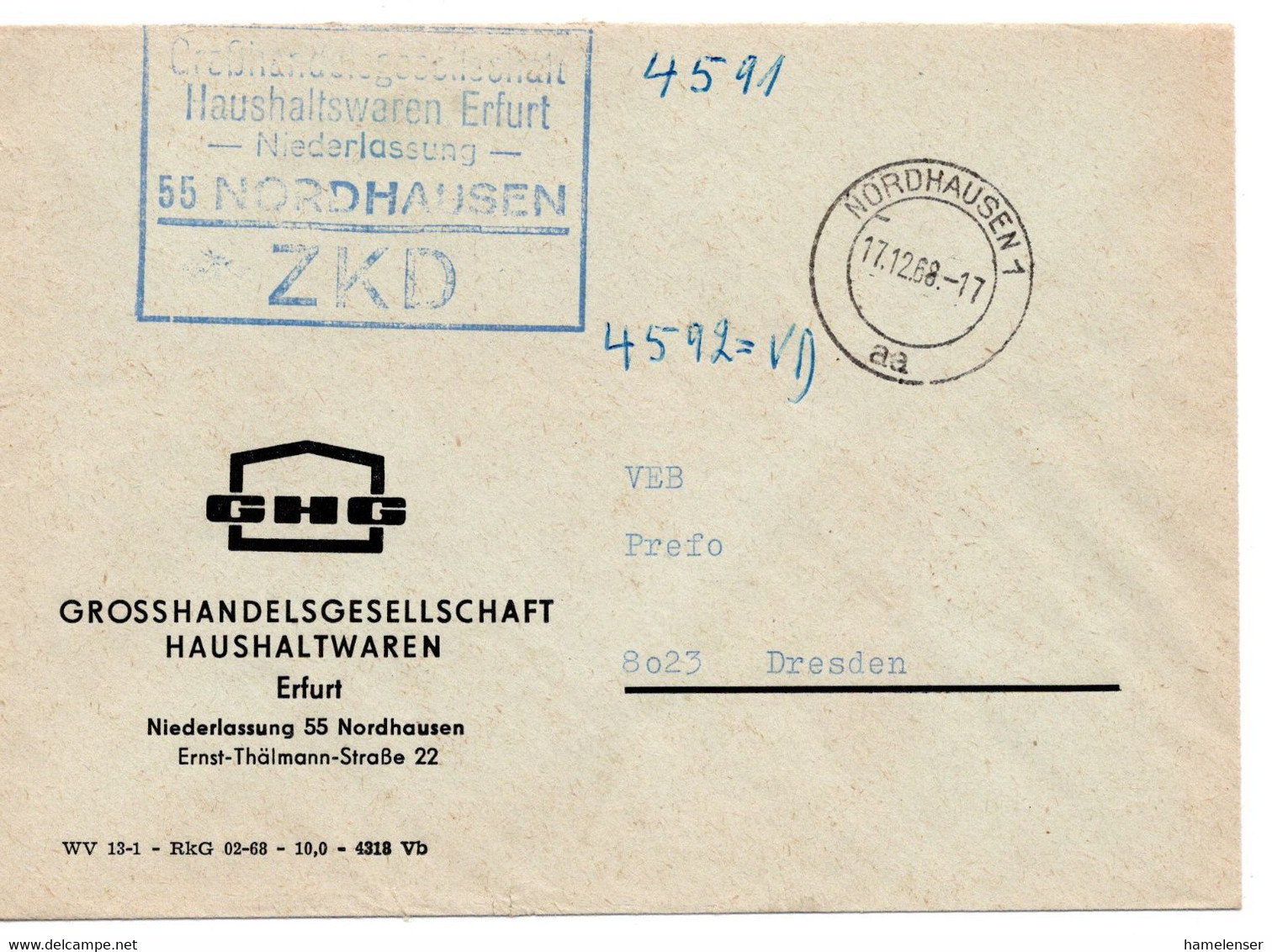 63796 - DDR / ZKD - 1968 - Unfrankierter ZKD-Bf NORDHAUSEN -> DRESDEN - Otros & Sin Clasificación