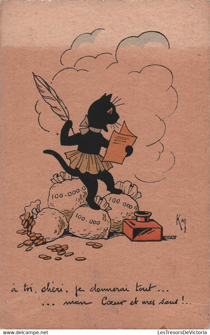 Fantaisie - Animaux Habillé - Chat Ecrivant Avec Une Plume Sur Des Sacs De Pieces - Carte Postale Ancienne - Animali Abbigliati