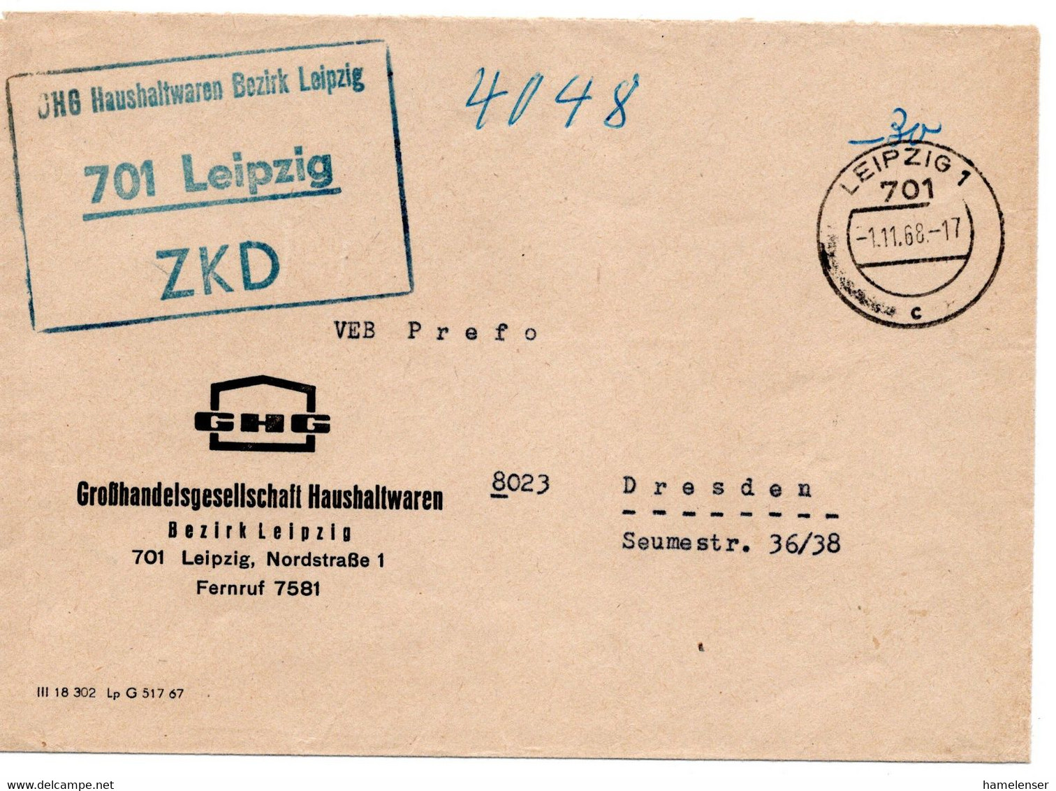63797 - DDR / ZKD - 1968 - Unfrankierter ZKD-Bf LEIPZIG -> DRESDEN - Andere & Zonder Classificatie