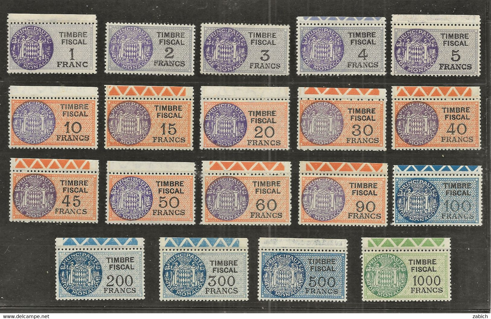 TIMBRES FISCAUX DE MONACO SERIE UNIFIEE DE 1949 COMPLETE 19 TIMBRES NEUFS  (**) Cote Y Et T 2022  566€; - Fiscaux