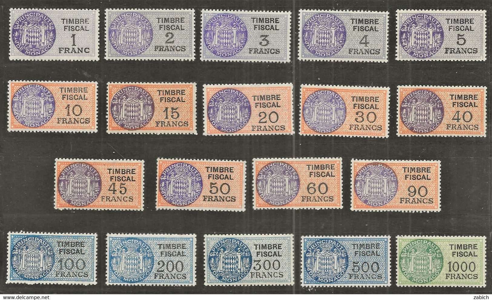 TIMBRES FISCAUX DE MONACO SERIE UNIFIEE DE 1949 COMPLETE 19 TIMBRES NEUFS  (**) Cote Y Et T 2022  566€; - Steuermarken