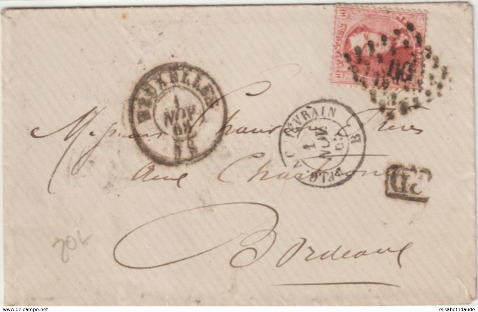 BELGIQUE - 1865 - ENVELOPPE De BRUXELLES Avec ENTREE AMBULANT BELGIQUE à QUIEVRAIN => BORDEAUX - 1858-1862 Medallones (9/12)