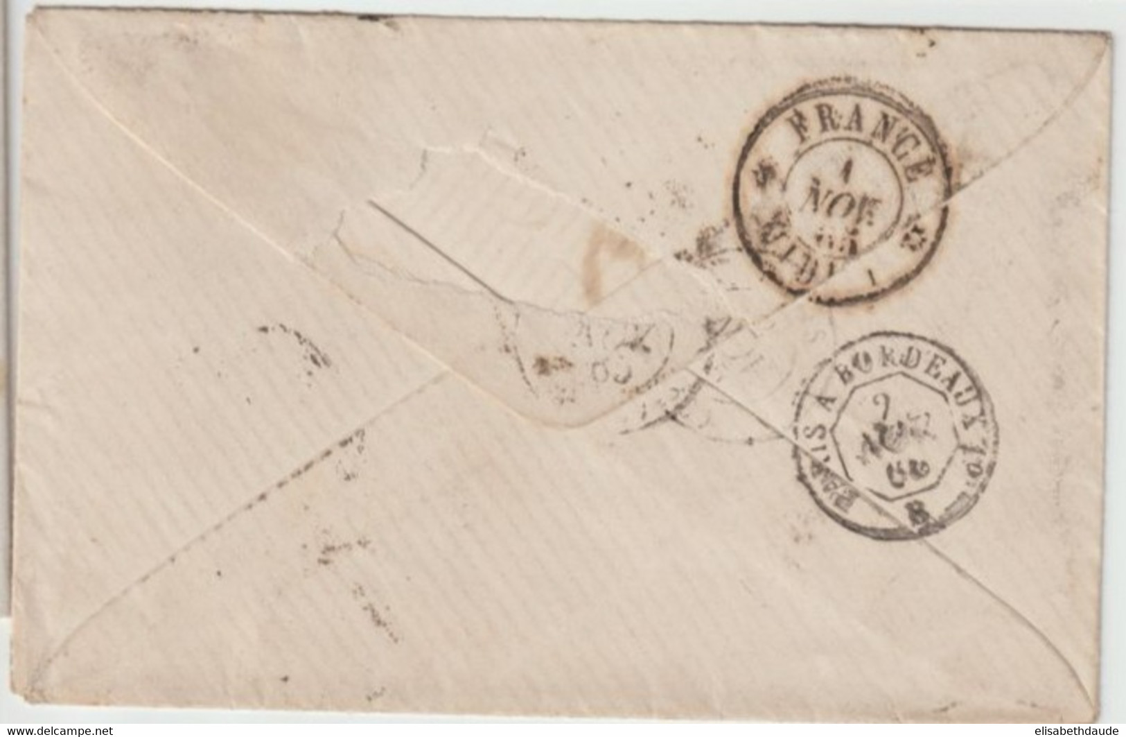 BELGIQUE - 1865 - ENVELOPPE De BRUXELLES Avec ENTREE AMBULANT BELGIQUE à QUIEVRAIN => BORDEAUX - 1858-1862 Medallones (9/12)