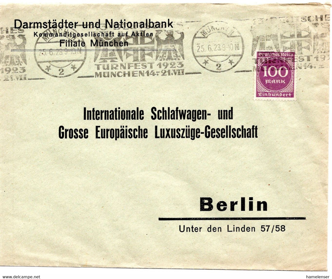 56600 - Deutsches Reich - 1923 - 100M Ziffer EF A Bf MUENCHEN - DEUTSCHES TURNFEST ... -> Berlin - Gymnastiek