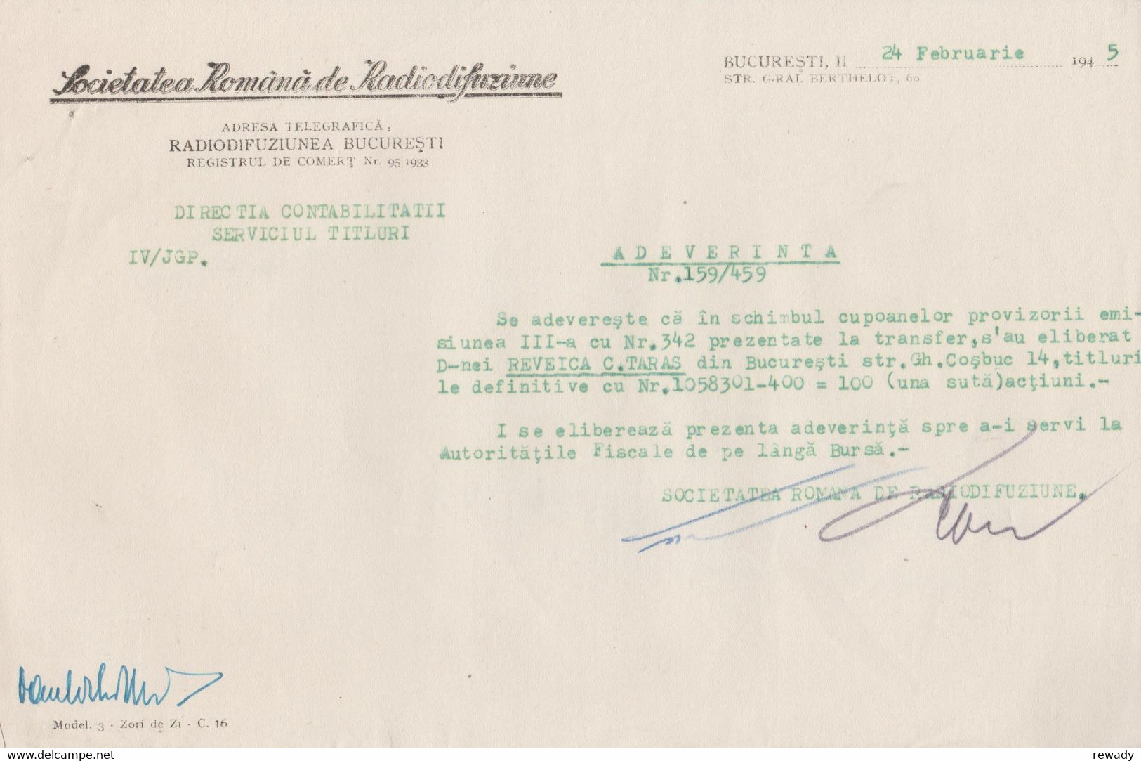 Bucuresti - Societatea Romana De Radiofuziune - Adeverinta (1945) - Other & Unclassified