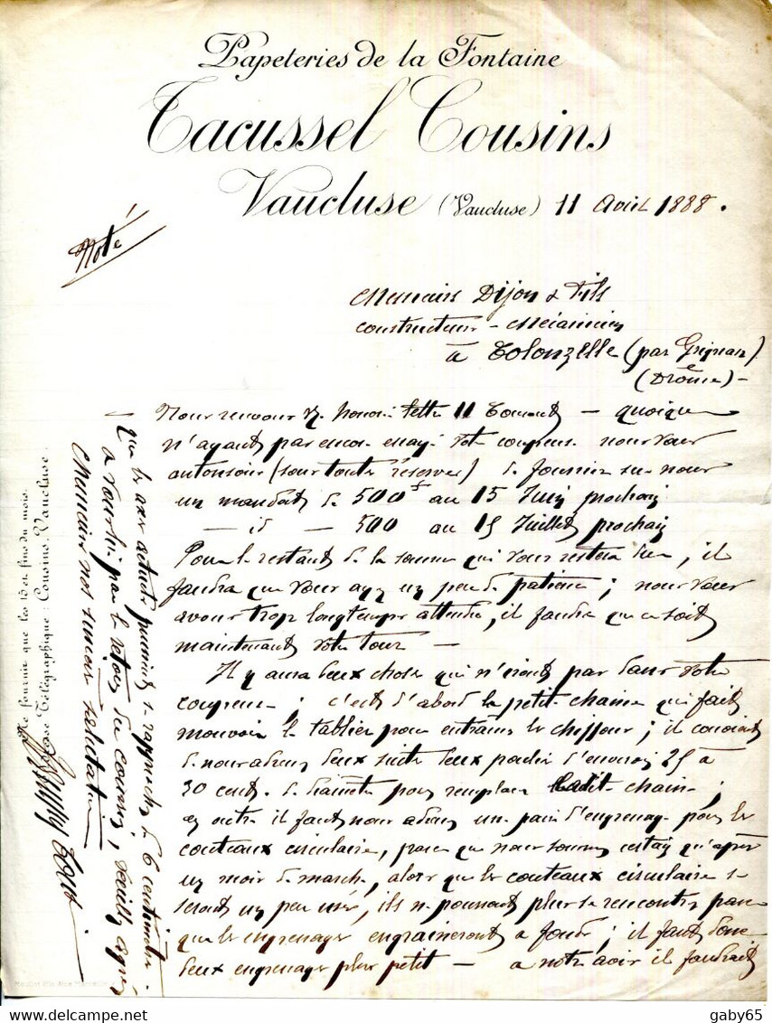 FACTURE.84.VAUCLUSE.VAUCLUSE.PAPETERIES DE LA FONTAINE.TACUSSEL ET COUSINS POUR DIJON MECANICIEN A COLONZELLE (26) - Druck & Papierwaren