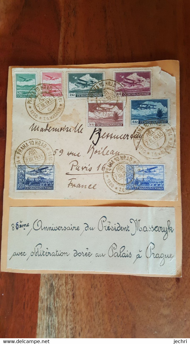 Lettre Avec 8 Timbres 1935  Anniversaire Du President Massaryk, Oblitération Doré Au Palais à Prague  , Rare - Lots & Serien