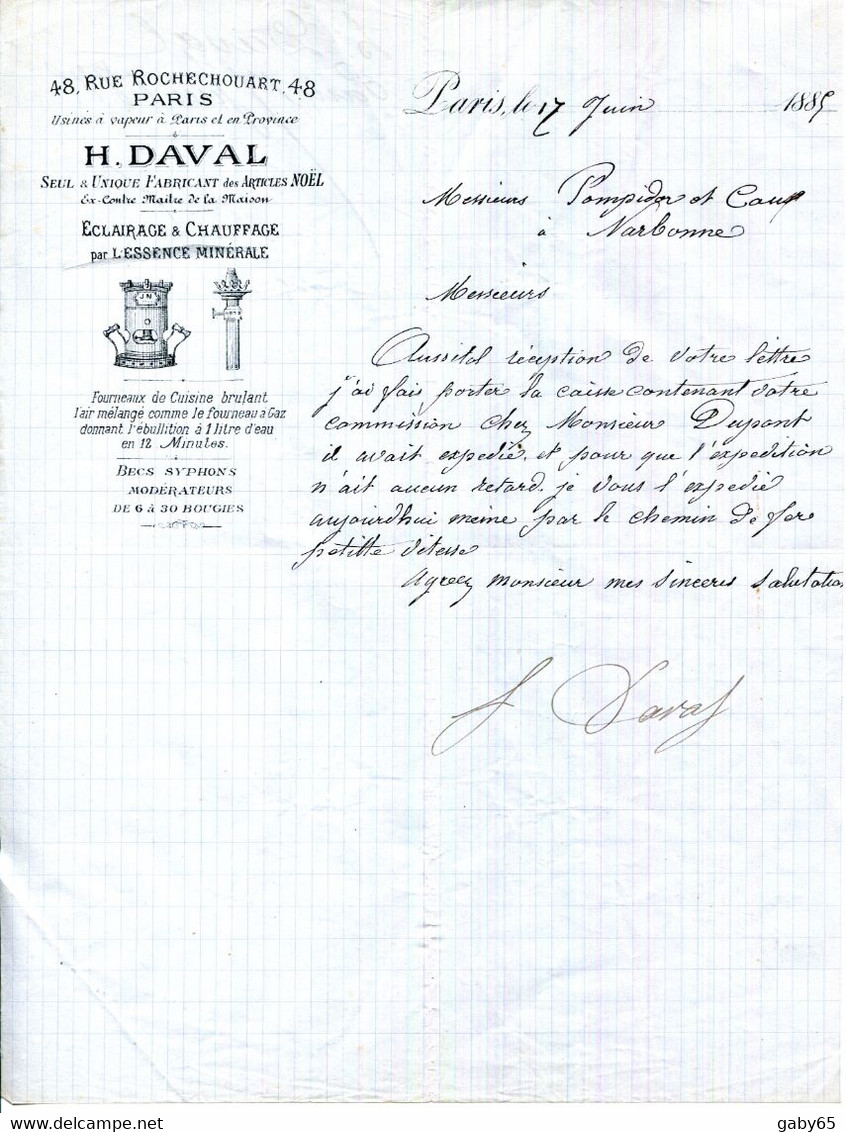 FACTURE.PARIS.ECLAIRAGE & CHAUFFAGE PAR L'ESSENCE MINERALE.H.DAVAL UNIQUE FABRICANT DES ARTICLES DE NOËL. - Elektriciteit En Gas