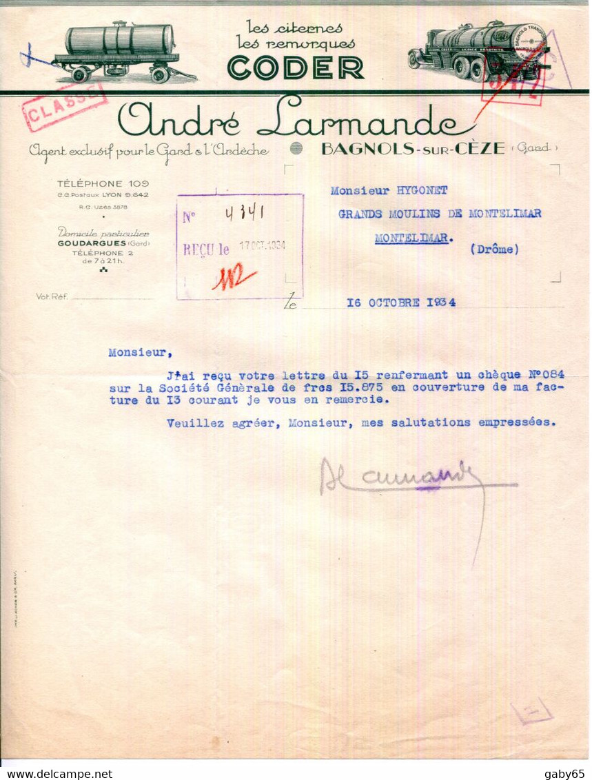 FACTURE.30.GARD.BAGNOLS SUR CEZE.ANDRE LARMANDE AGENT DES CITERNES ET REMORQUES " CODER " - Transports