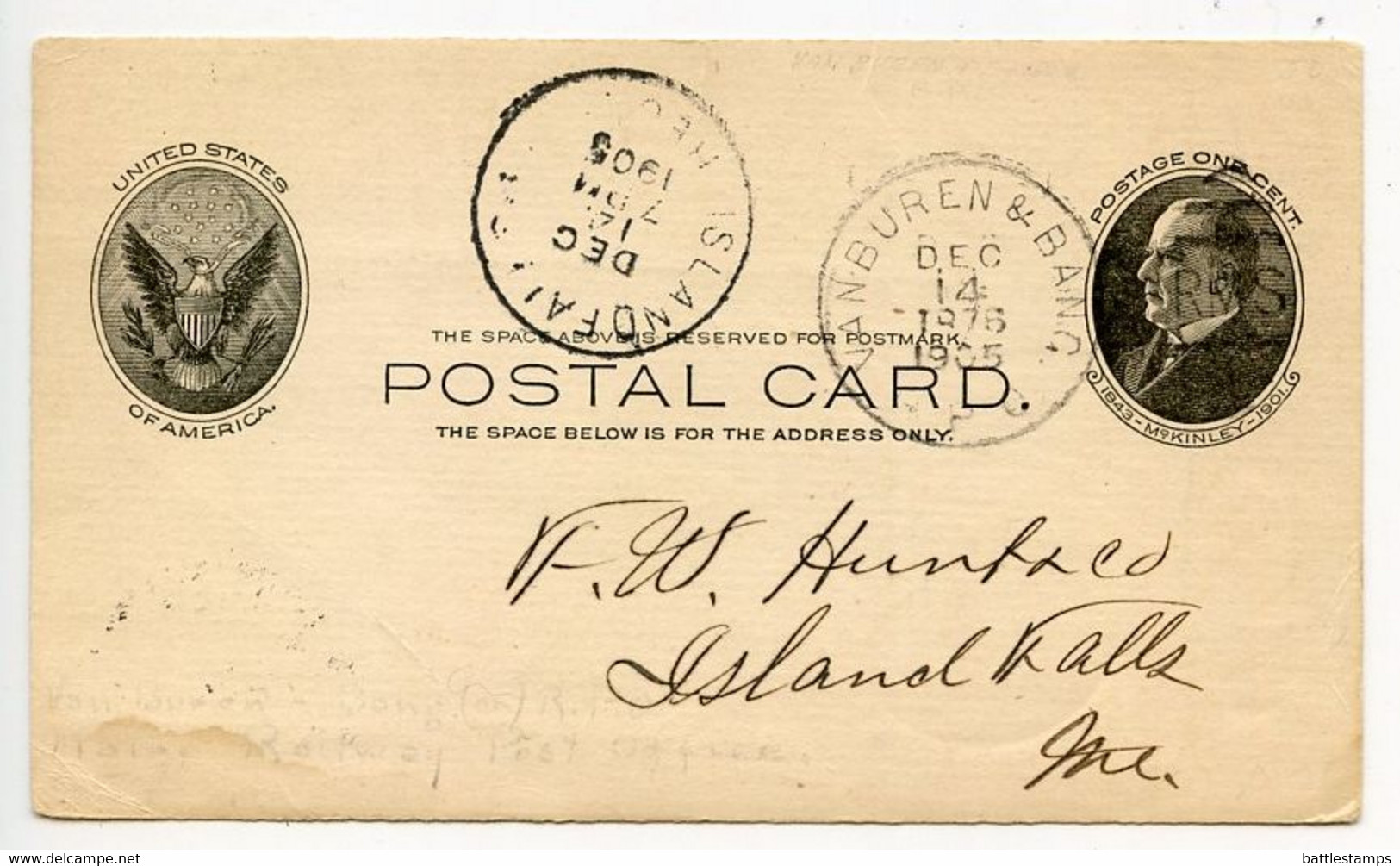 United States 1905 Scott UX18 Postal Card VanBuren & Bangor RPO To Island Falls, Maine - 1901-20