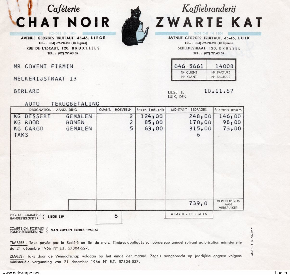 BELGIË/BELGIQUE :1953: Factuur/Facture ## CHAT NOIR / ZWARTE KAT ## Aan ## COVENT F., Berlare ## : CHAT,KAT,CAFÉ,KOFFIE, - Alimentaire