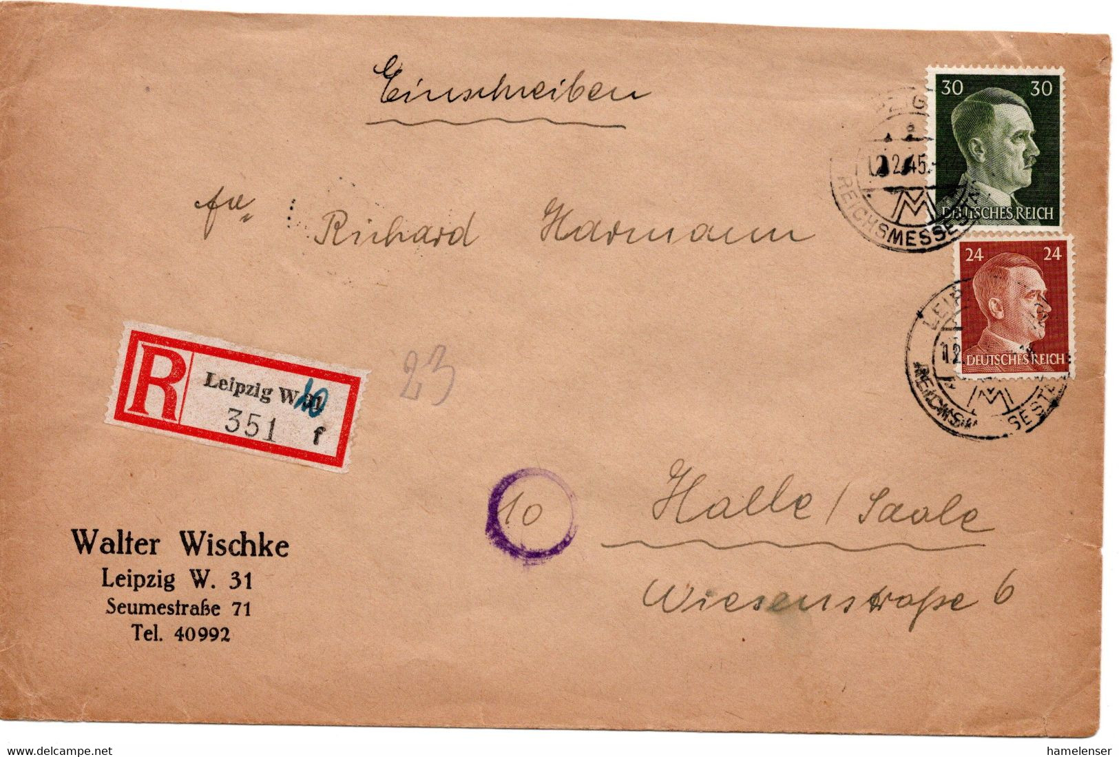 56607 - Deutsches Reich - 1945 - 30Pfg Hitler MiF A R-Bf LEIPZIG -> HALLE - Lettres & Documents