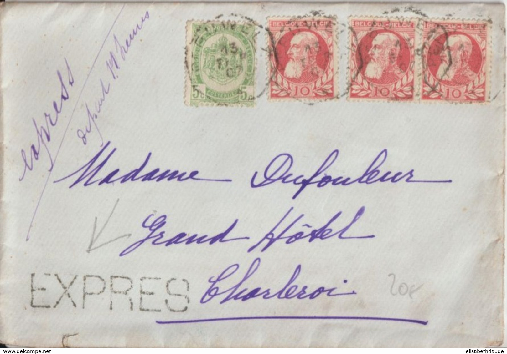 BELGIQUE - 1907 - ENVELOPPE EXPRES !! De PERUWELZ CACHET OCTOGONAL ! => CHARLEROI - 1905 Grove Baard