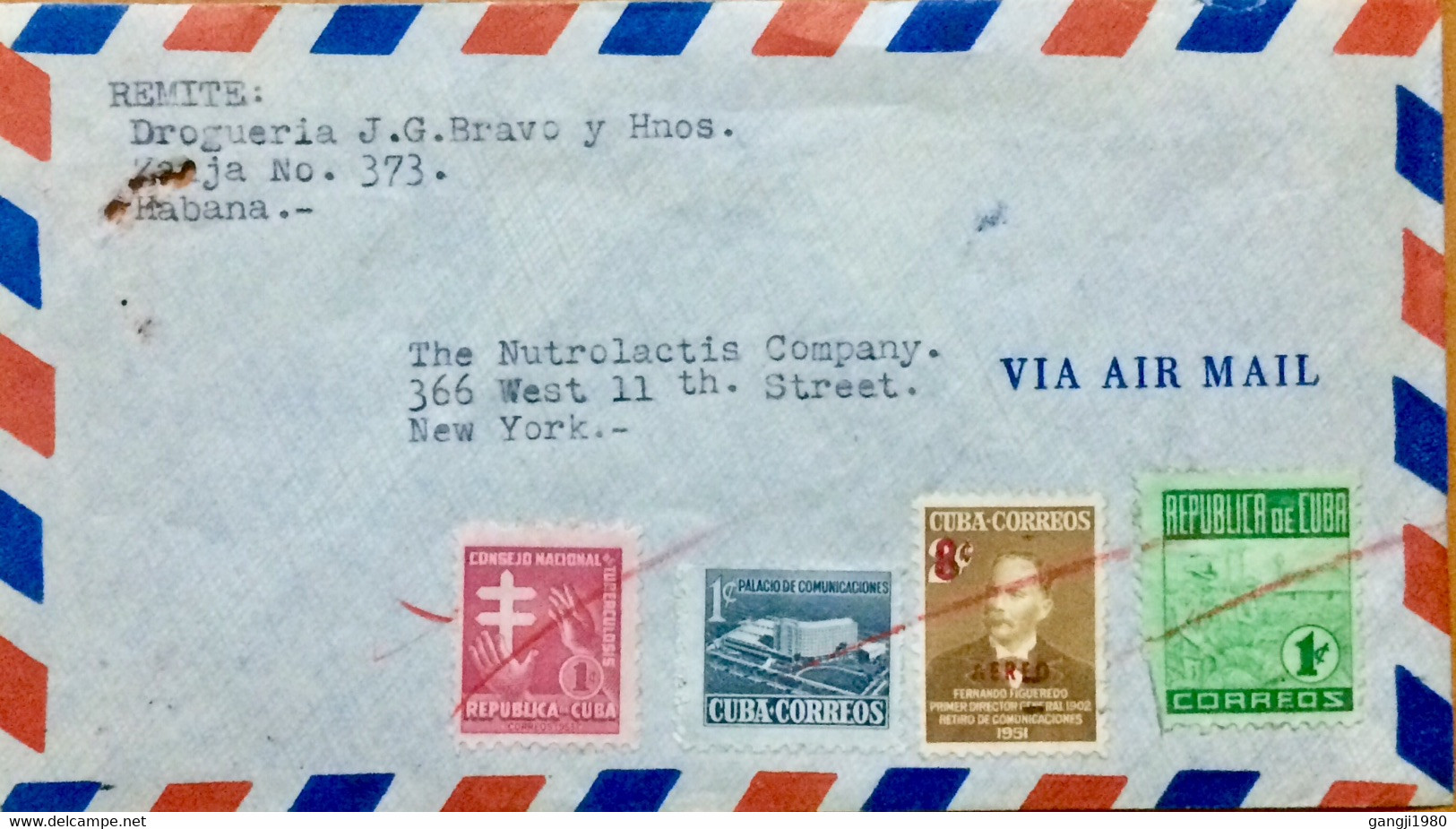 CUBA 1952, COVER USED TO USA, F.FIGUEREDO STAMP OVPTD, POST BUILDING, TOBACCO, TUBERCULOSIS, NEW YORK, OLD CHELSEA STATI - Briefe U. Dokumente