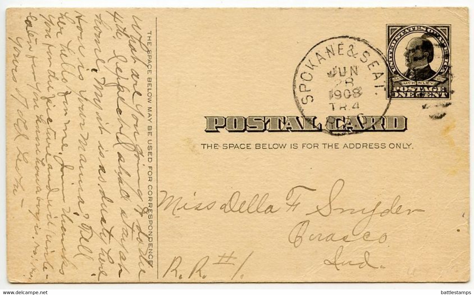 United States 1908 Scott UX20 Postal Card Spokane & Seattle RPO To Owasco, Indiana - 1901-20