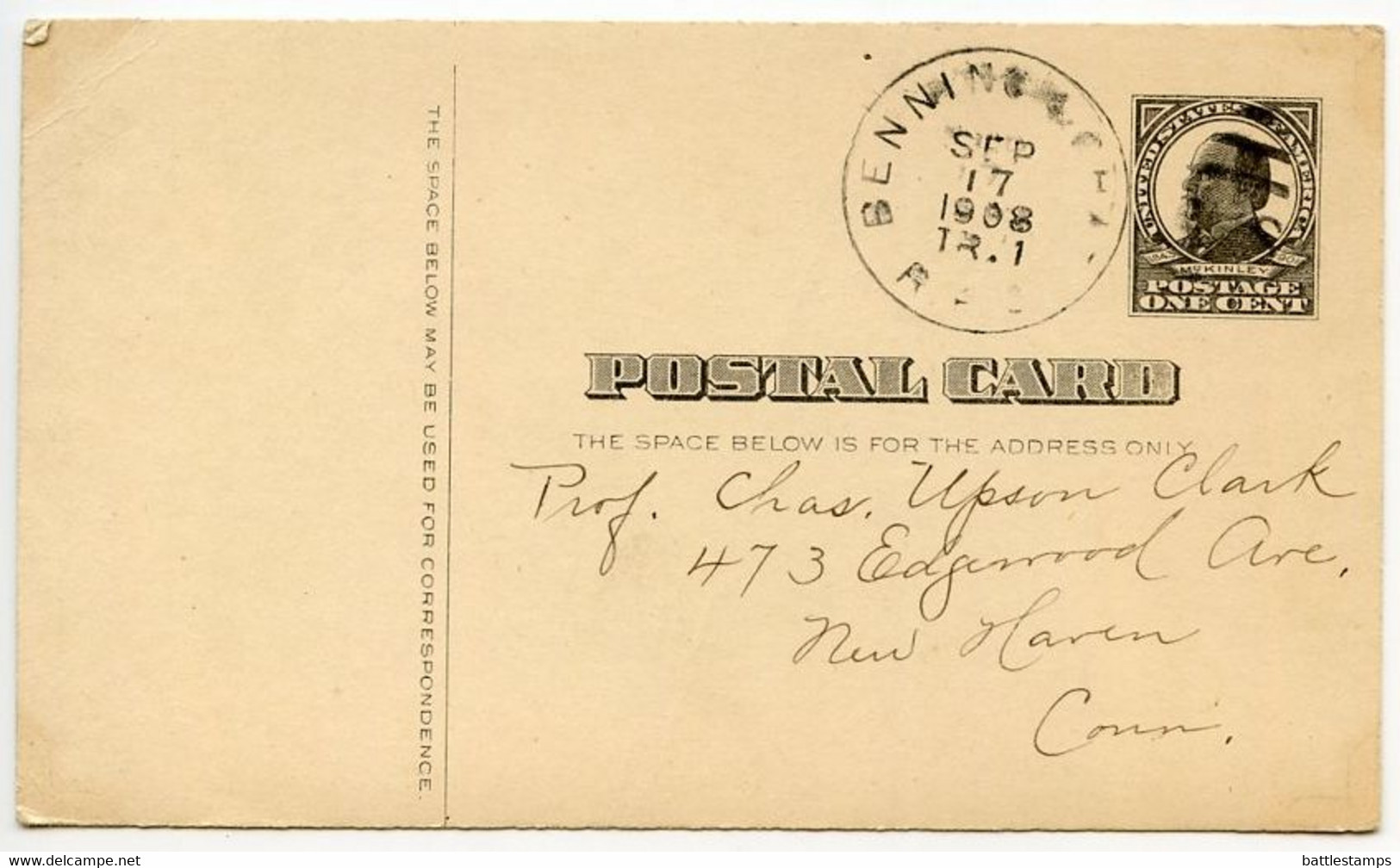 United States 1908 Scott UX20 Postal Card Bennington & Chatham RPO To New Haven. Connecticut - 1901-20