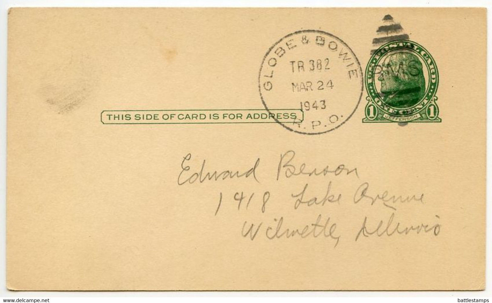 United States 1943 Scott UX27 Postal Card Globe & Bowie RPO To Wilmette, Illinois - 1941-60