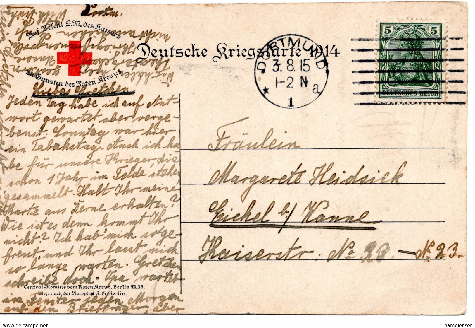 56626 - Deutsches Reich - 1915 - 5Pfg Germania EF A "Kriegskarte" DORTMUND -> Wanne-Eickel - Brieven En Documenten