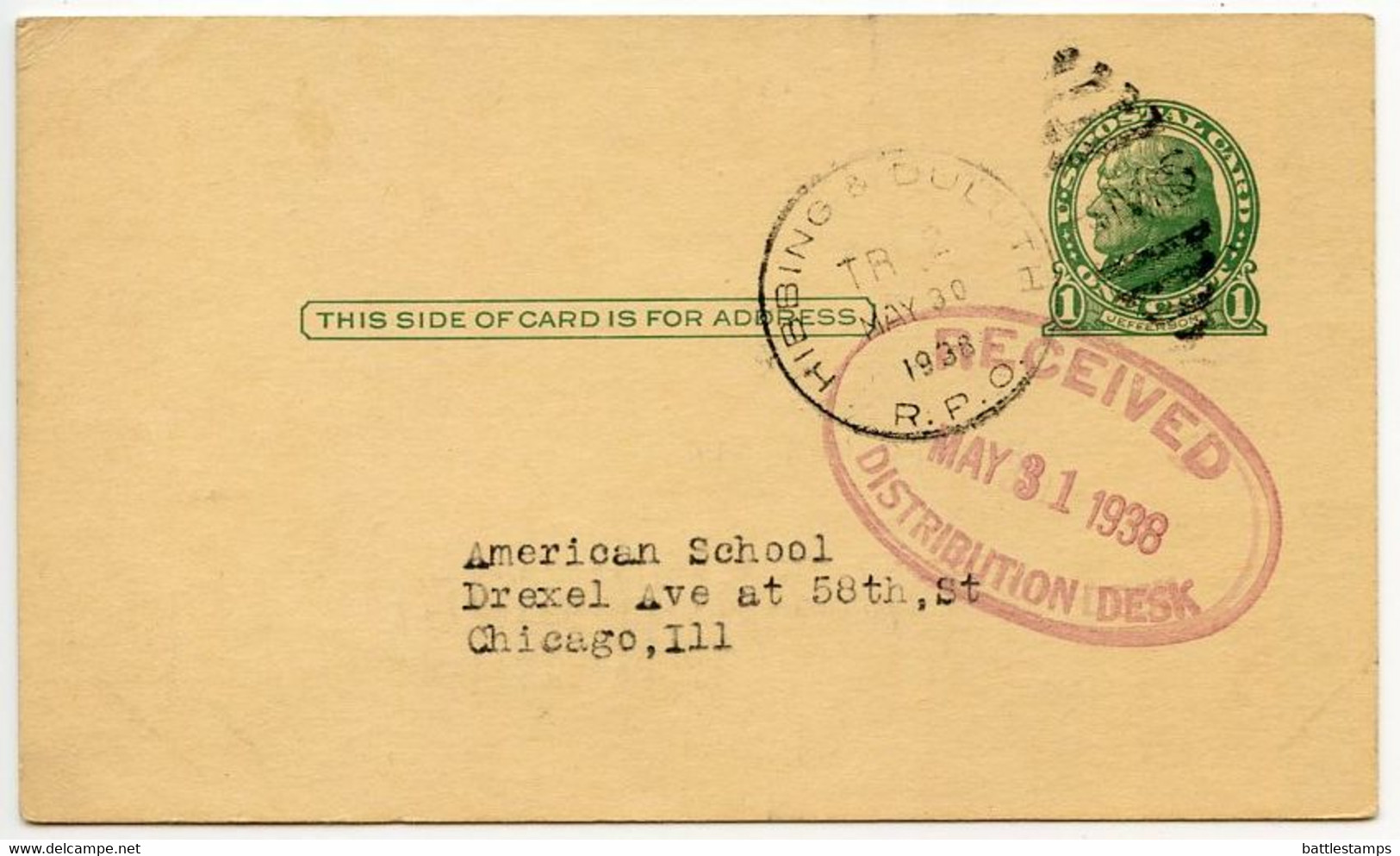 United States 1938 Scott UX27 Postal Card Hibbing & Duluth RPO To Chicago, Illinois - 1921-40