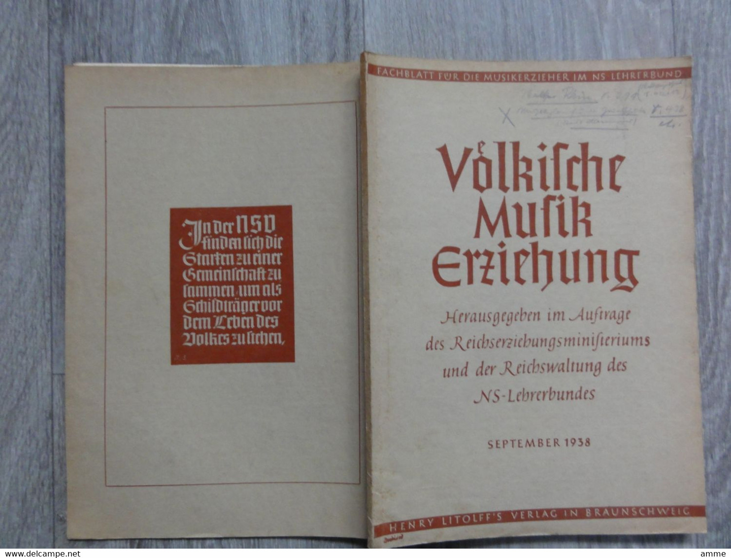 Völkische Musikerziehung  (boek Duits)  September 1938  - Fachblatt Fur Die Musikerzieher - Música