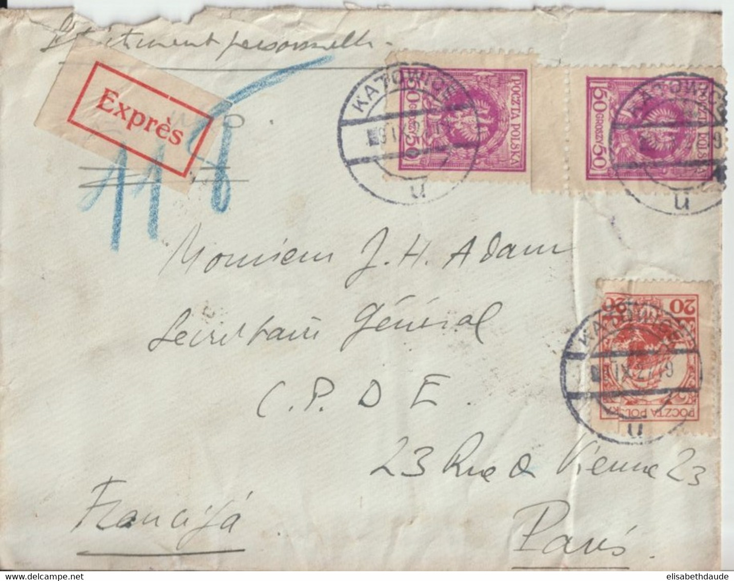 POLOGNE - 1927 - ENVELOPPE RECOMMANDEE EXPRES ! De KATOWICE => PARIS - Brieven En Documenten